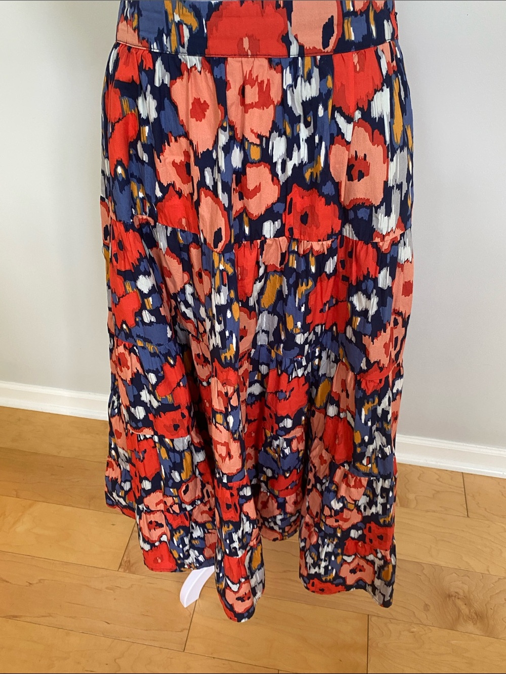 Boden Red, Navy & Peach Floral Tiered Maxi Skirt